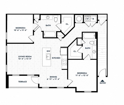 Floor plan for 2 beds, 2 baths, 1172 sqft